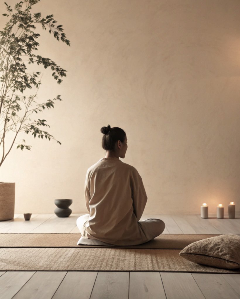Person meditating in peaceful environment